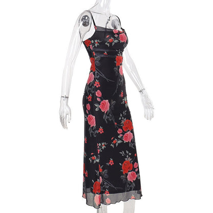 Flowers Print Spaghetti Strap Dresses Women Temperament Package Hip Bodycon Long