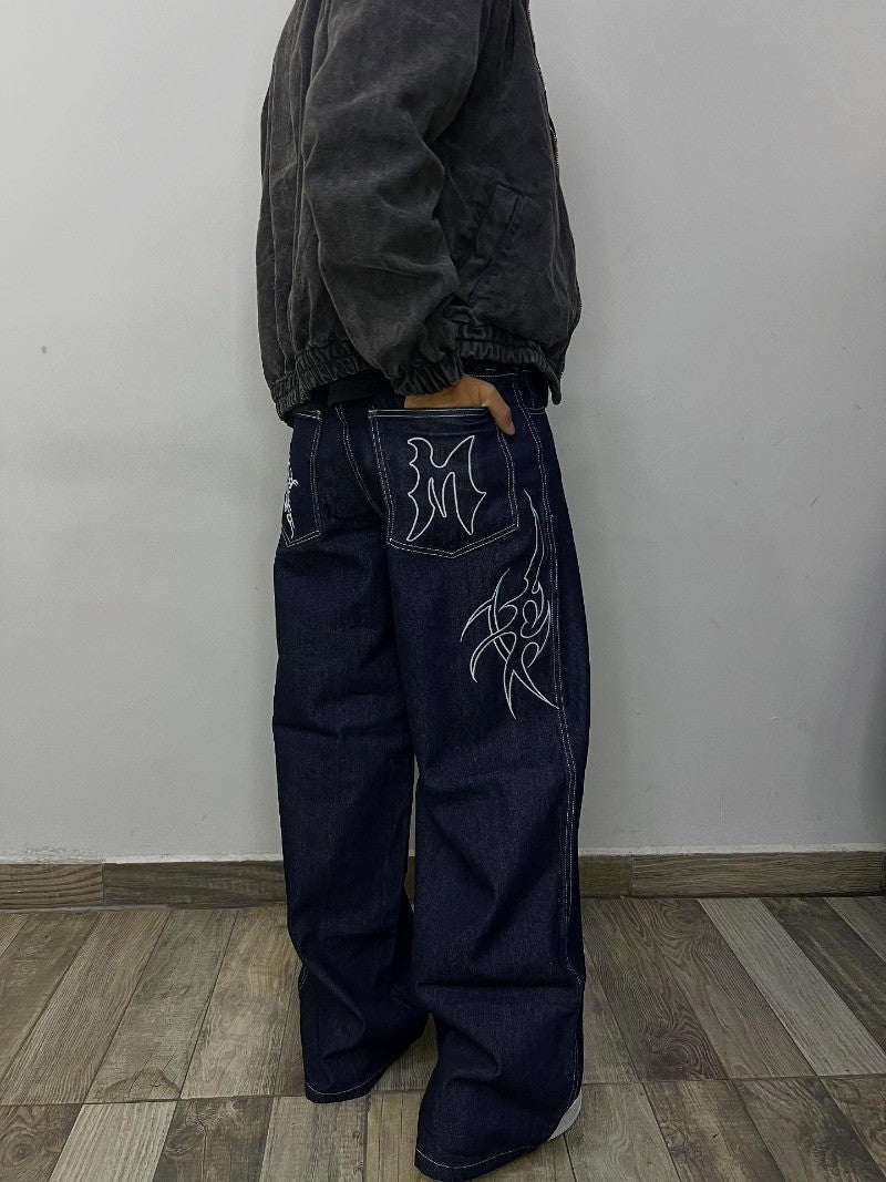 Retro Gothic Street Clothing Fashion Hip Hop American Loose Straight Wide Legs Women Line Harajuku Oversized Washed Jeans Men