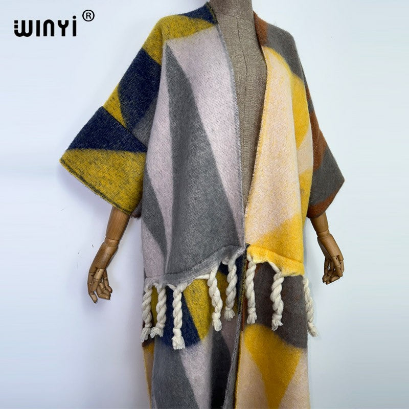 2022 WINYI Winter Women tassel Cardigan coat Loose Christmas dress robe longue Thick Warm free size Middle East Female Kaftan