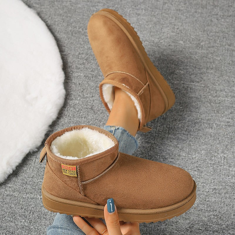 Women's Solid Color Thick Plush Snow Boots Comfortable Warm Flat Ankle Boots Woman Winter Casual Slip On Cotton Shoes Plus Size