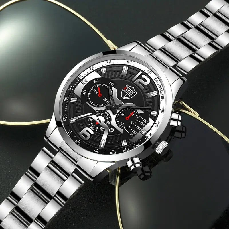 5PCS Set DEYROS Fashion Mens Calendar Watches Men Business Stainless Steel Quartz Wristwatch Male Casual Necklace Bracelet Watch