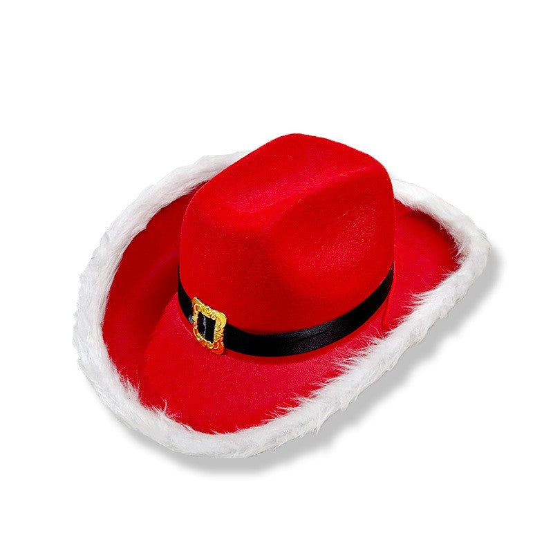 Red Christmas Cowboy Hat with Feather & Gold Buckle, Western Party Hat for Women Men, Floppy French Jazz Cap for Xmas