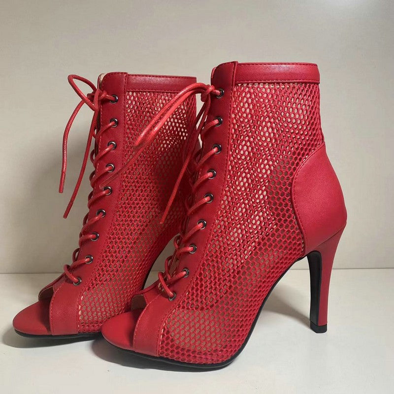 Novas Sandálias Femininas de Salto Alto Sexy Vazadas em Tela Tendência da Moda Verão Conforto Peep Toe Botas Stilettos Jazz Dance Tamanhos Grandes