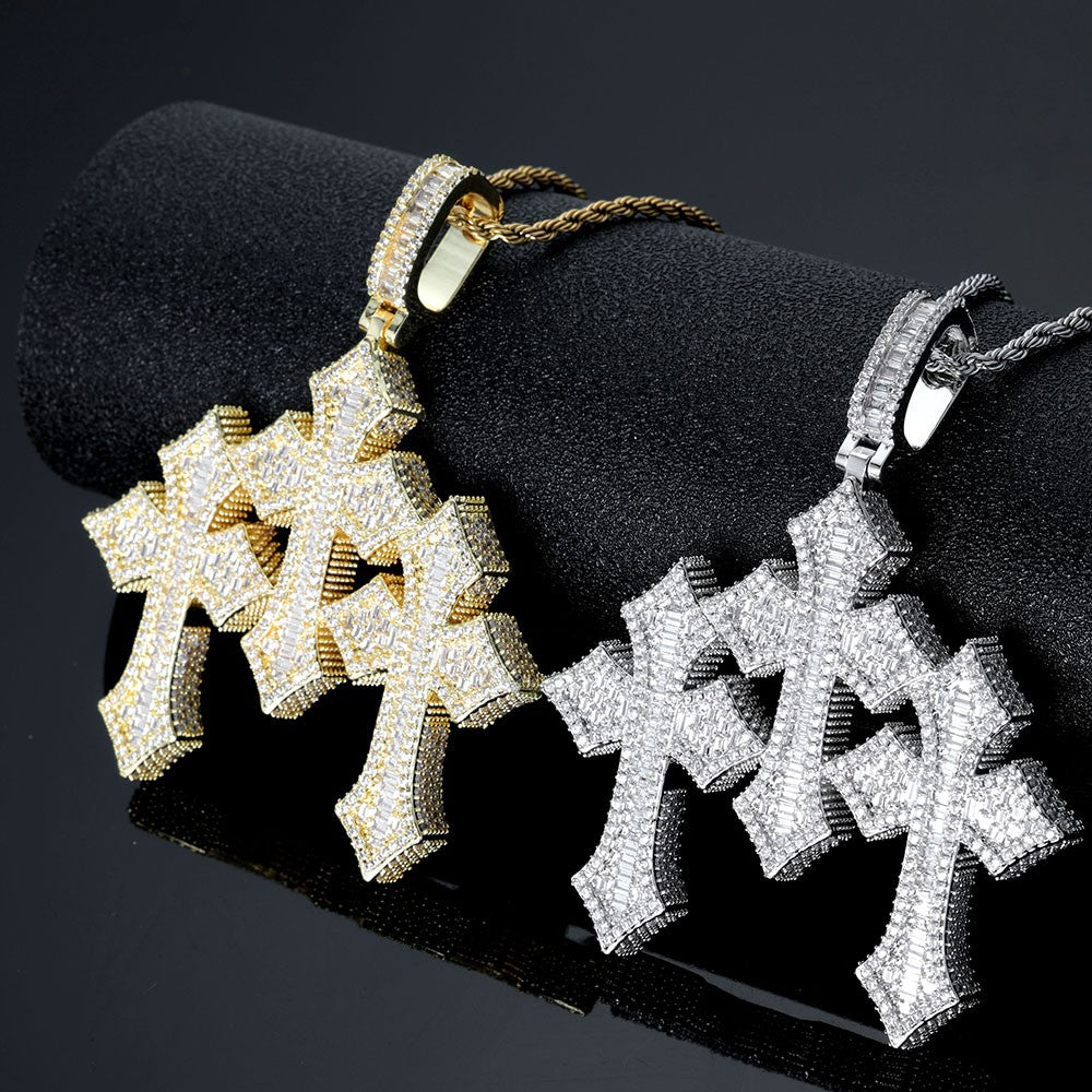High Quality 3Inch Mens Hip Hop Cross Pendant New Release Iced out Triple Cross with Stone Charm Necklace Made Brass
