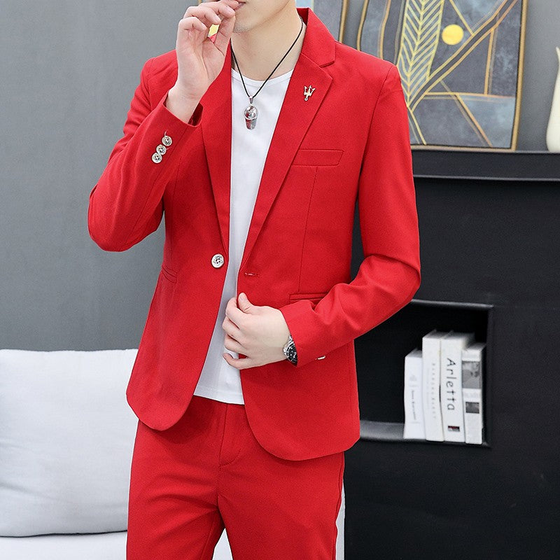 Men's Slim Fit Two-Piece Set Korean Style Spring Autumn Casual Trend British Hair Stylist Fashion Suit plus Trousers