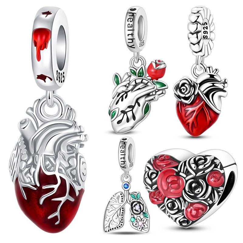 Heart & Organ Charm 925 Sterling Silver Red Rose Skull Dangle Pendant Dark Aesthetic Fit Bangle Bracelet Necklace DIY Jewelry