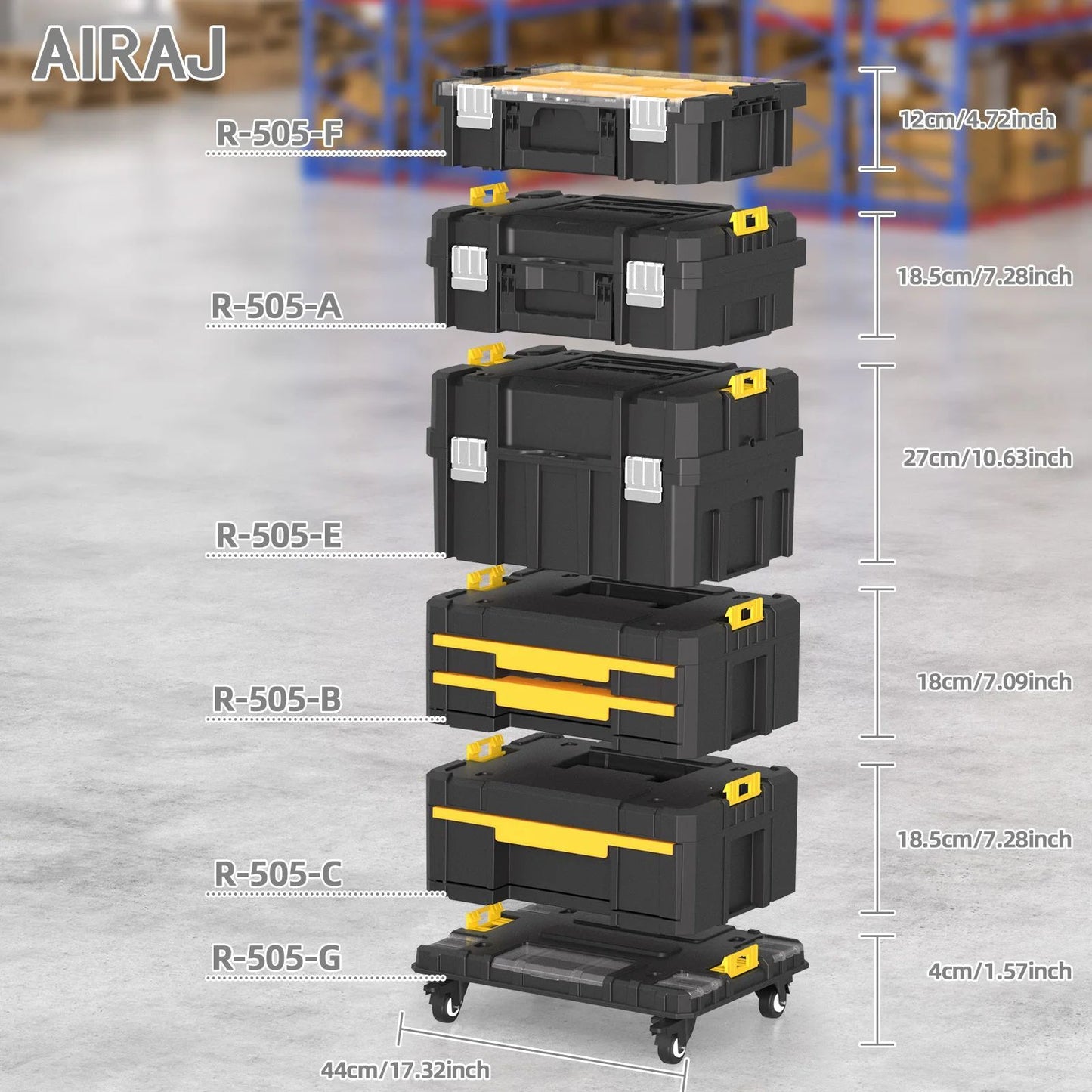 AIRAJ Conjunto de Caixa de Ferramentas Modular Empilhável - Caixa de Ferramentas Portátil com Rodas para Montagem Modular e Fácil Mobilidade que Economiza Espaço!