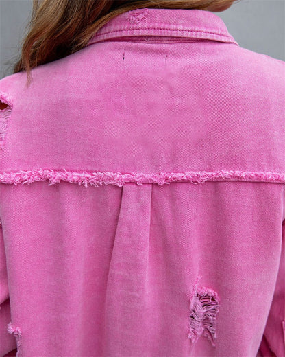 2025 Holes Raw-edges Denim Jacket Women Spring Autumn Shirt Style Jeancoat Casual Top Rose-Red Orange Purple Outerwear Lady Coat