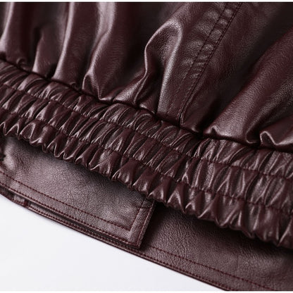 Street Stand Collar Women's Leather Jacket Loose Long Sleeve Zipper Pockets Chic Female Coats 2025 Autumn Winter Lady Outerwear