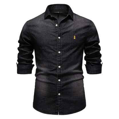 Men's casual solid - color long - sleeve denim shirt, a fashionable and versatile breathable cotton coat.