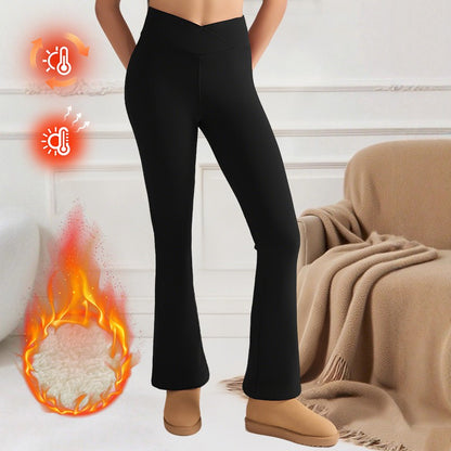 Women's Fleece-Lined Flare Pant Cross-Waist Design Thickened Winter Warm High-Waisted Tummy Control Lifting Leggings Casual Wear