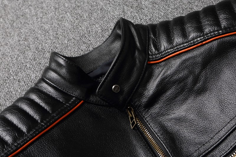 Men's Spring Original Leather Motorcycle Jacket 2025 Skull Embroidery Top Layer Cowhide Clothing Slim Fit Black Slim Male Coat