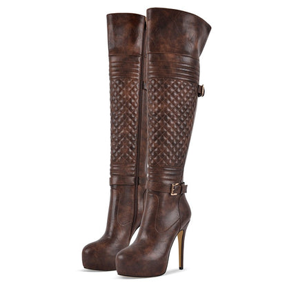 Onlymaker Women Over The Knee Boots Thin High Heel Lady Black Metal Chain Decoration Zipper Female Platform Boots