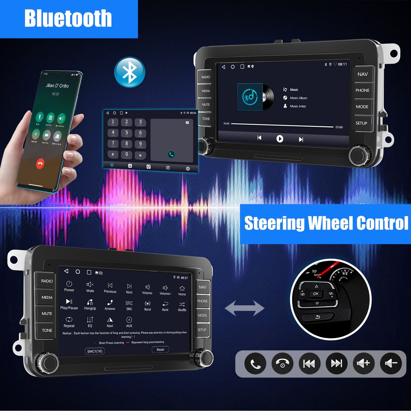 ESSGOO 7" Android 14 4G+64G Apple Carplay Som Automotivo GPS NAVI WIFI RDS FM BT para VW Golf 5 6 Passat Polo Touran Tiguan Caddy EOS