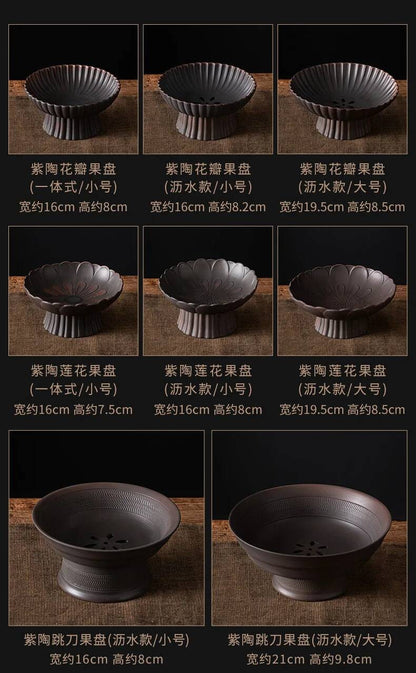 Qingxi Purple Pottery Tea Pastry Plate Handmade High Foot Dried Fruit Snack Large Integrated Drain Dessert Candy Dish Gift