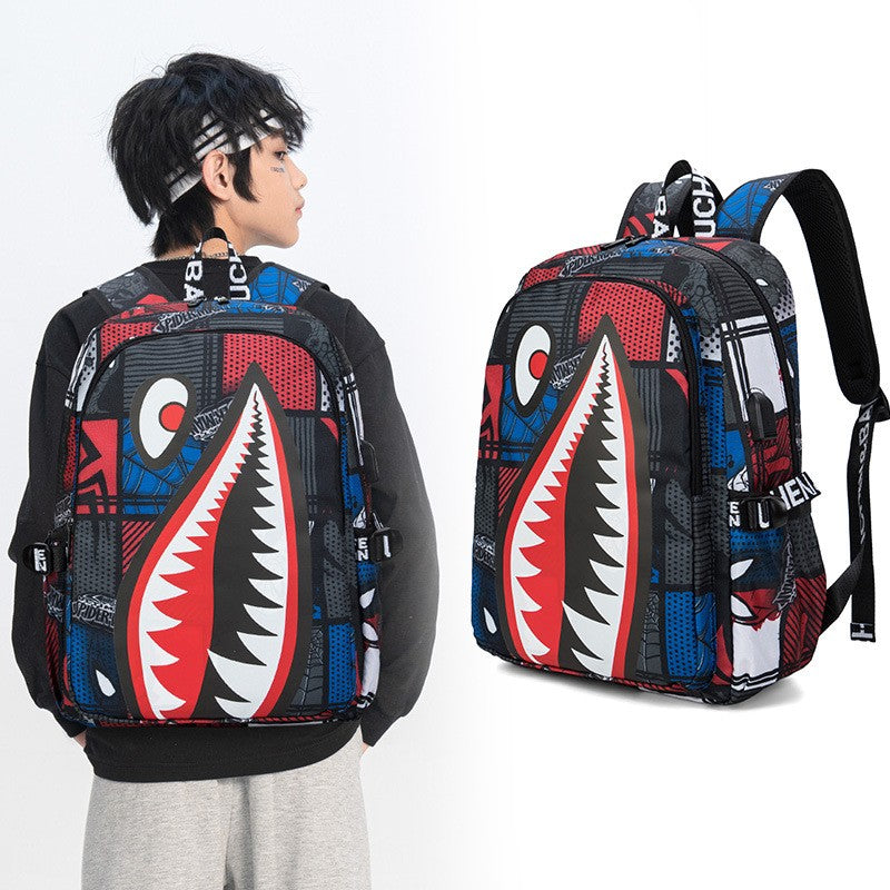Mochila Escolar para Meninos com Estampa de Tubarão para Crianças, Mochilas de Viagem