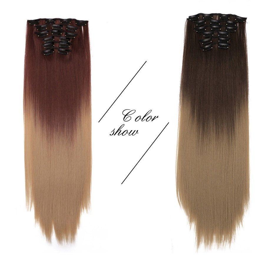 22 Polegadas Sintético Cabelo Liso Longo 16 Clipes 6 Peças/Conjunto Apliques de Cabelo Loiro Preto Resistente ao Calor Para Mulheres