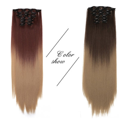 22 Polegadas Sintético Cabelo Liso Longo 16 Clipes 6 Peças/Conjunto Apliques de Cabelo Loiro Preto Resistente ao Calor Para Mulheres