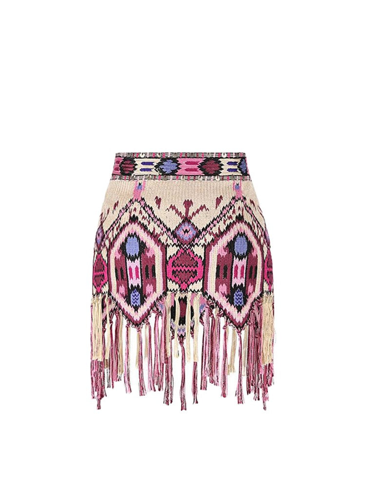 Yeova Women's High Waist Tassel Skirt National Sle Diamond Pattern Asymmetrical Wrap around  Skirt Summer Casual