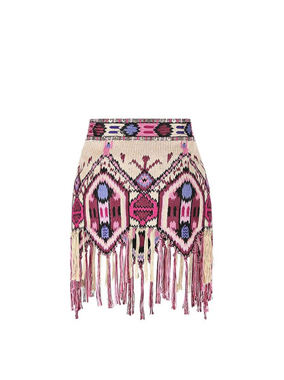 Yeova Women's High Waist Tassel Skirt National Sle Diamond Pattern Asymmetrical Wrap around  Skirt Summer Casual