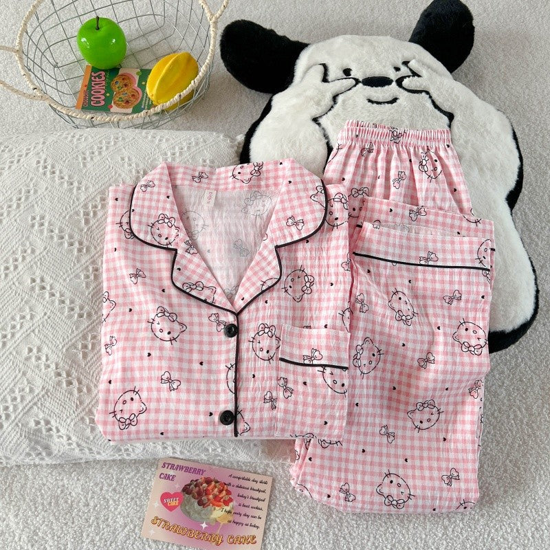 Hello Kitty Cute Kawaii Pajama Set for Women Autumn Soft Fabric Comfort Plaid Loungewear 2 Piece Long Sleeve Top Pants Sleepwear