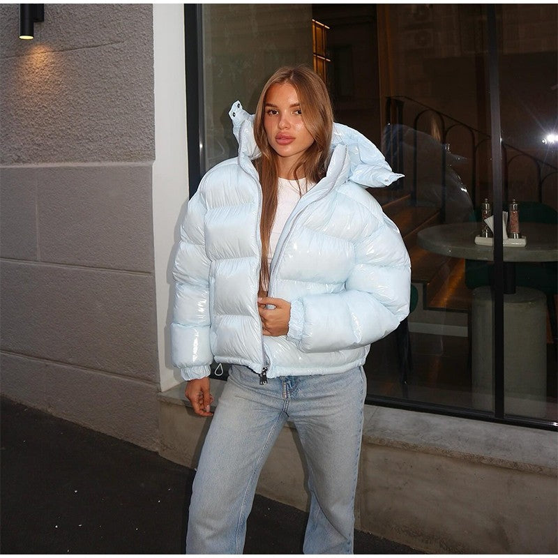 Fashion Glossy Padded Jacket Women's Solid Turtleneck Long Sleeve Warm Down Coat 2025 Autumn Winter New Lady Casual Outerwear