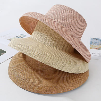 2023 New Summer Sun Hats Ladies Solid Plain Elegant Wide Brim Hat Female Round Top Panama Floppy Straw Beach Hat Women ????