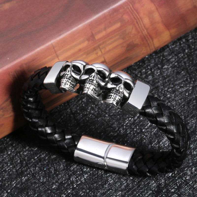 Hyperbole Men Jewelry Black Braided Leather Bracelets Stainless Steel Leahter Bracelets Cool Skull Bracelets Men Bracelet