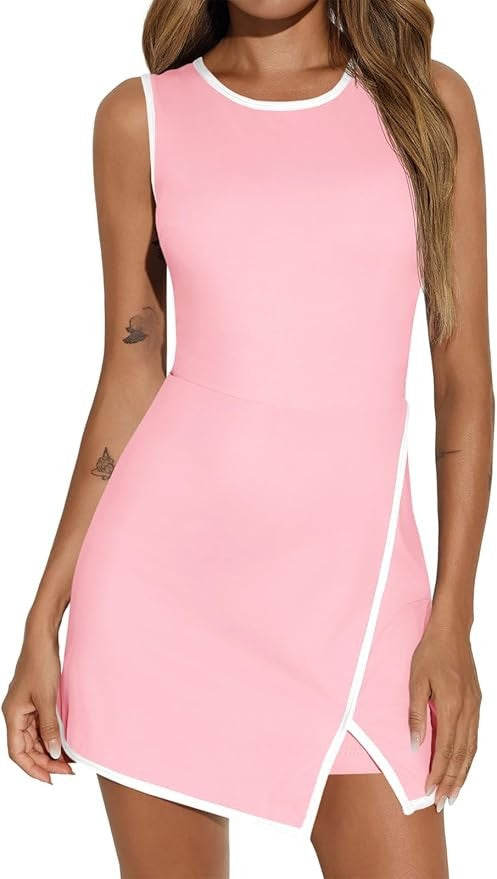 Women's Tennis Dress With Built-In Shorts & Pockets, Sleeveless Athletic Mini Dress With Bra, Golf Sports Dress
