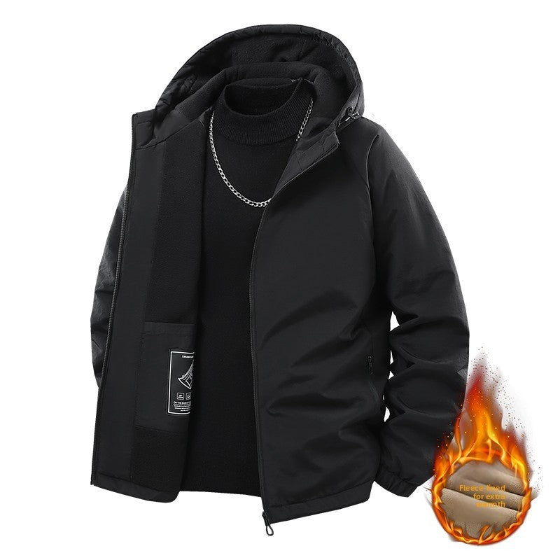 Jaqueta de Pesca Masculina Externa Capuz Larga Forro Polar Grosso Casaco Outono Inverno Jaqueta Casual Simples Versátil Casaco Acolchoado de Algodão