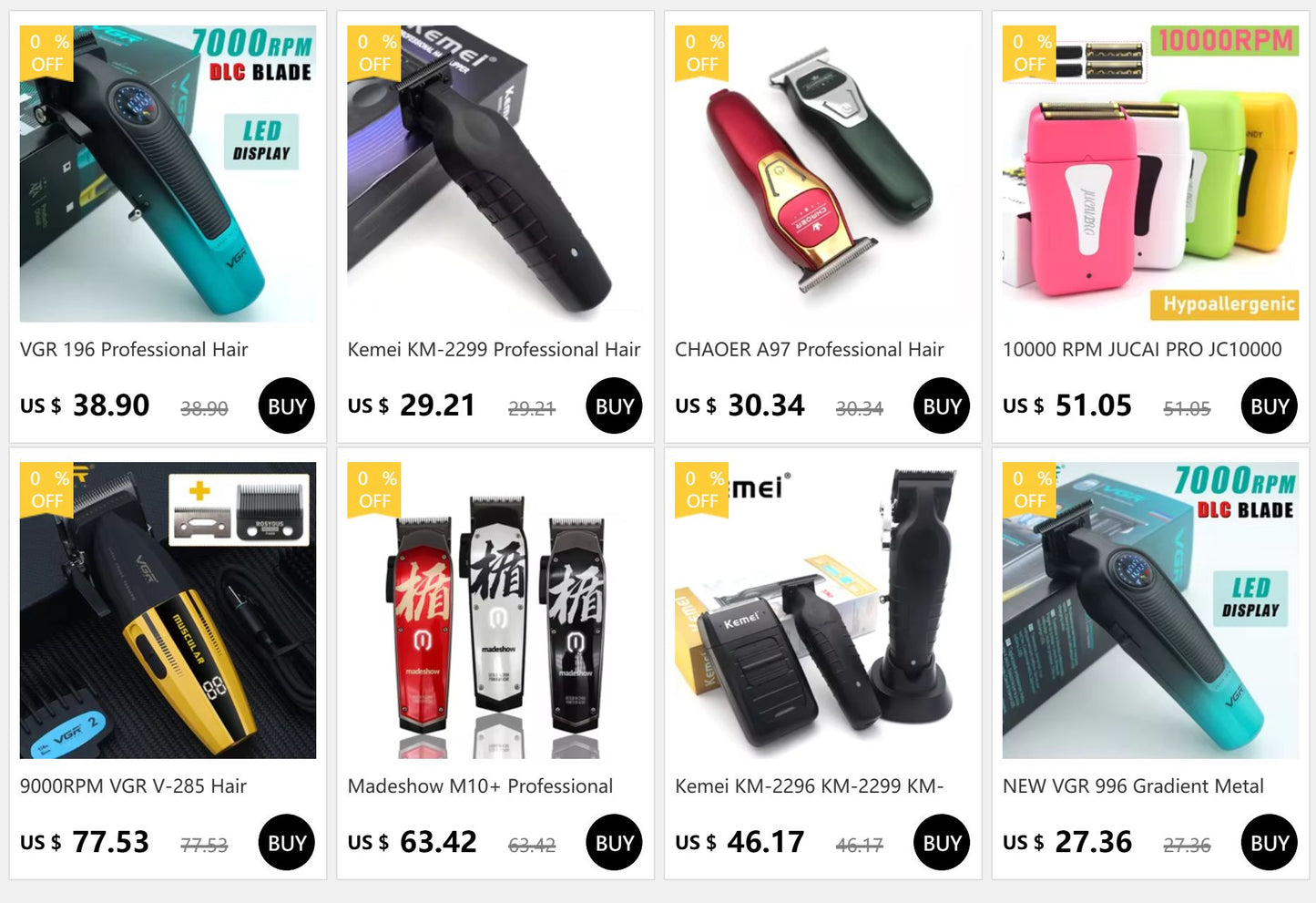 VGR V-946 Professional Ice Tech Hair Trimmer DLC Blade 0 Gap 8000RPM Brushless Blue Ceramic For Men Beard Trimming Grooming