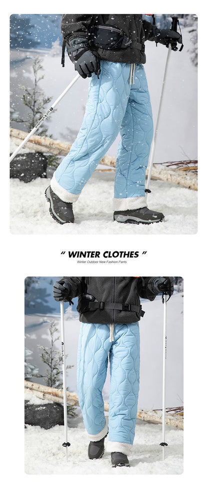 Calça de Neve Masculina, Marca de Moda, Grossa, À Prova de Vento, Quente, Veludo de Cordeiro, Calça Feminina Casual, À Prova de Frio, Acolchoada com Algodão e Penugem