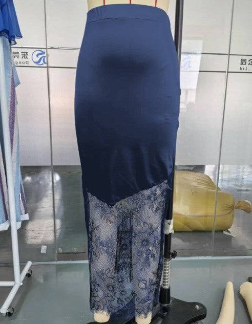 Sexy Lace Patchwork Long Skirt Women Elegant Fashion Solid Waist Cinched Mid-length Bottom Lady 2025 Party Daily Street Skirts