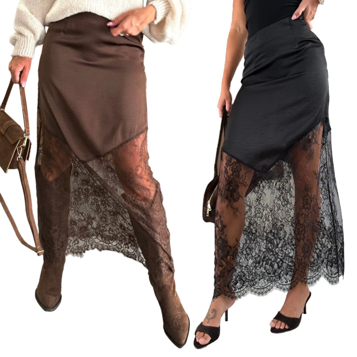 Elegant Mid-Length Lace Patchwork Women's Skirt Bodycon Mini Dress Cross-Border Autumn Winter Street Style Pure Color Trend