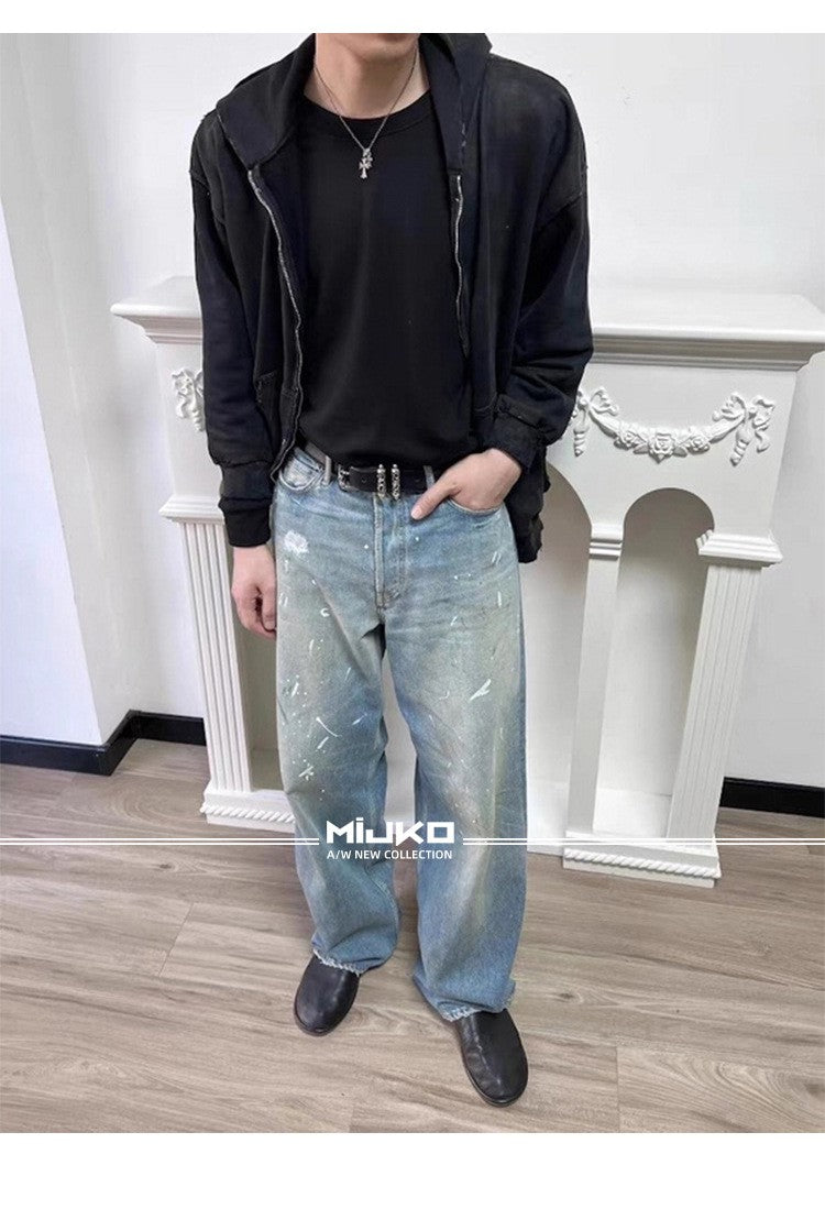 MIJKO Tie Dye Splatter Paint Denim Jeans Men's Loose Wide Leg Jeans American TJ131