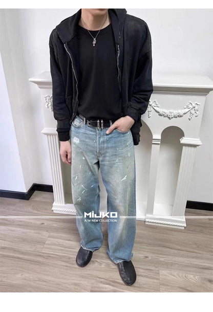 MIJKO Tie Dye Splatter Paint Denim Jeans Men's Loose Wide Leg Jeans American TJ131