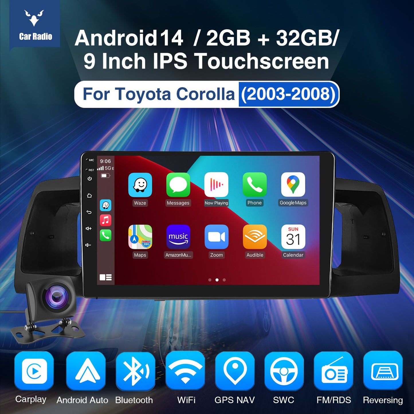 Rádio Automotivo 9" Android 14 Para Toyota Corolla E120 EX 2000 2001 2002 2003 2004 2Din Player Multimídia GPS Navi Central Multimídia WIFI