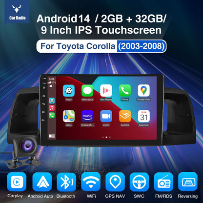 Rádio Automotivo 9" Android 14 Para Toyota Corolla E120 EX 2000 2001 2002 2003 2004 2Din Player Multimídia GPS Navi Central Multimídia WIFI