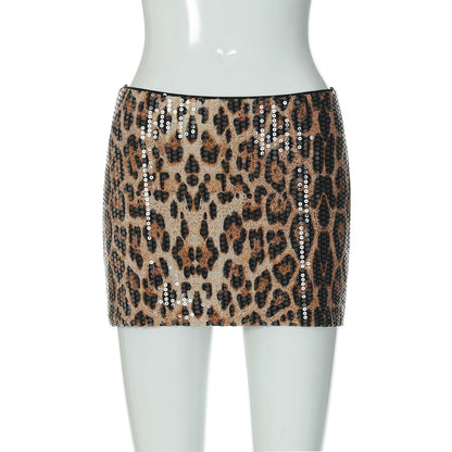 Dulzura Summer Latest Fashion Elegant High Waist Sequins Sexy Slim Leopard Print Short Skirt Party Club Street Clothes Wholesale