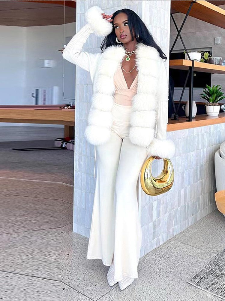 Elegant Knitted Faux Fur Patchwork Women's Coat Thicken Lady Coats 2025 Autumn Winter Chic Female Street Warm Outerwears