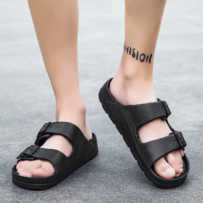 Litfun Women Summer New Sandals Fashion Double Buckle Outdoor Non-slip Beach Shoes Soft EVA Sandals Couple Casual House Slides