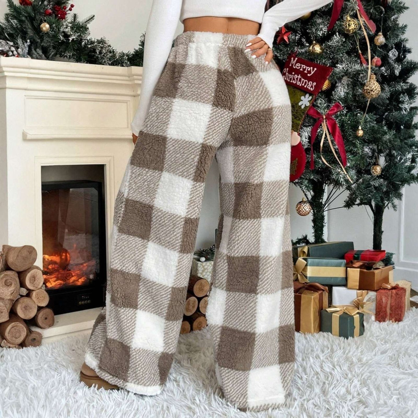 Christmas Elastic Waist Long Pants Women Trousers Wide leg Casual Female Belt Plaid Loose Ankle-Length Home Pants 2YK Pajama