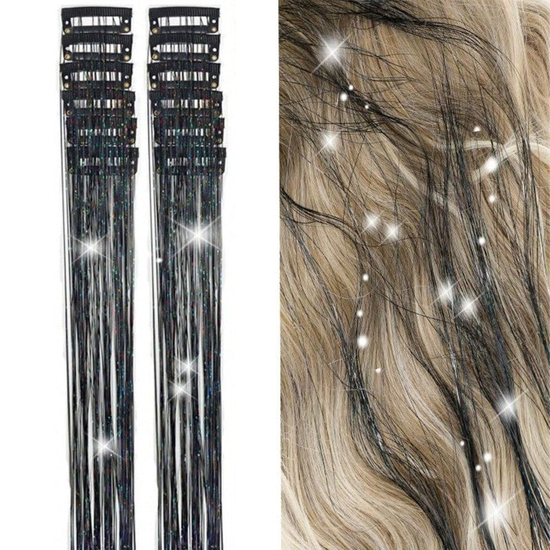 Pacote de 12 Unidades de Cabelo Extensor com Presilha, Tinsel Colorido com Brilho, Extensões de Cabelo de Fada, Acessório Cintilante para Festa de Mulheres, Meninas e Crianças
