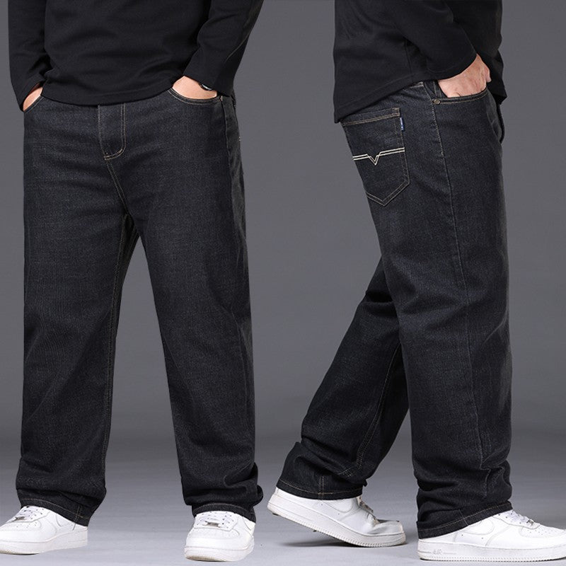 42-50 Plus Size Men's Jeans Business Casual Denim Pants High Waist Straight Leg Loose Elastic Comfortable Trousers Male Clothing
