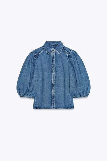 Fashion Denim Women Short Shirt Lapel Half Puff Sleeve Pleated Turn-down Collar Solid Female Top Spring Summer Lady Shirts M8WQ