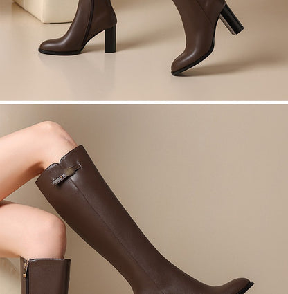 Ods Soft Cow Leather Black Knee High Boots Chunky Mid Heels Zipper Women's Long Boot Big Size Luxury Designer Sexy Shoes 4143 46