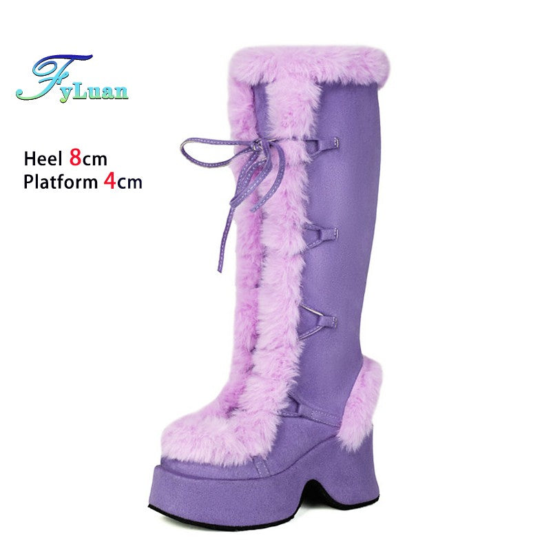 8CM Chunk Heels Winter Warm Knee High Boots Women Snow Short Plush Platform Boots Faux Fur Cosplay Lace-up Long Shoes Size 34-43