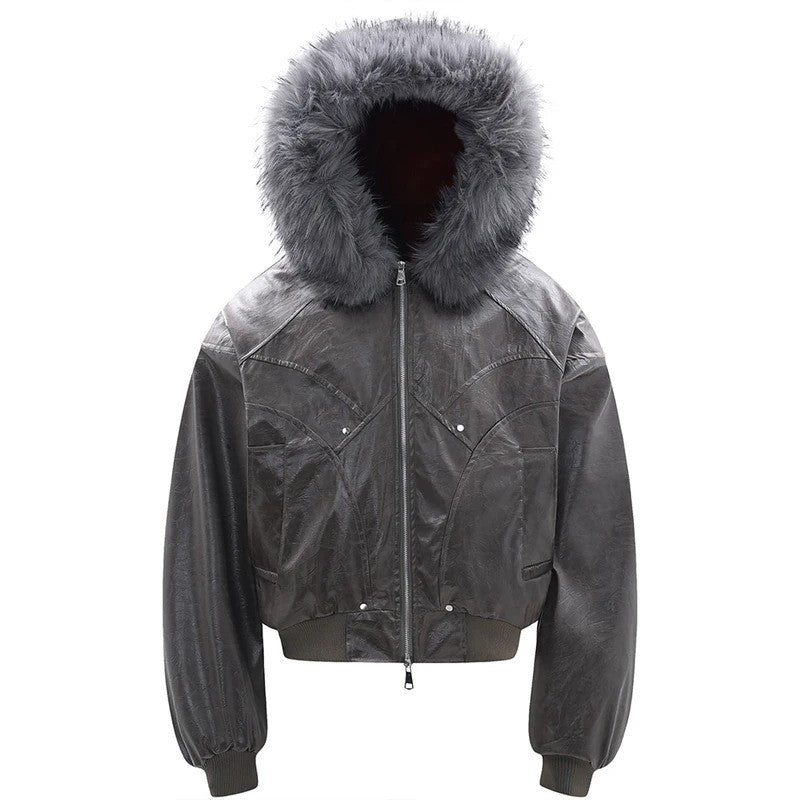 Vintage Men Winter Jackets Fur Collar Fleece Warm Parkas Coats Streetwear Harajuku Leather Jackets Casual Padded Jackets Outwear