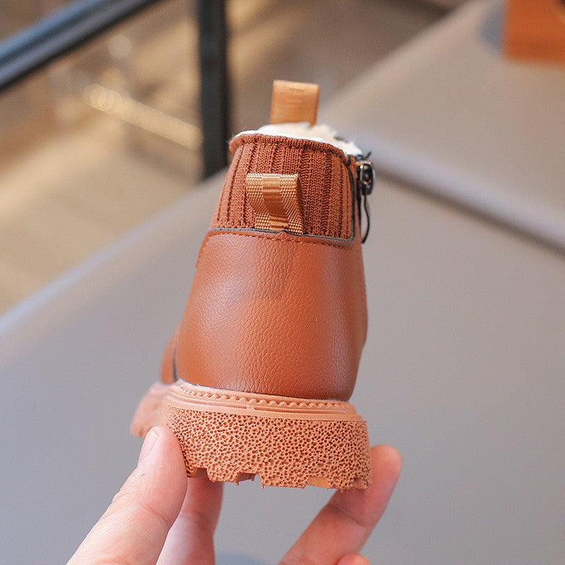 21-30 Kids Ankle Boots for Little Boys Girls Thermal Snow Boots Fashion PU Leather Children Short Rubber Boots with Thick Plush