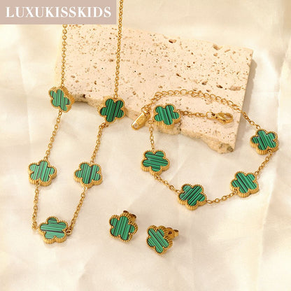 LUXUKISSKIDS Conjunto de Colar e Brincos de Flor Fashion Joias Femininas Aço Inoxidável Concha Branca Trevo Pulseira Acessórios de Joias